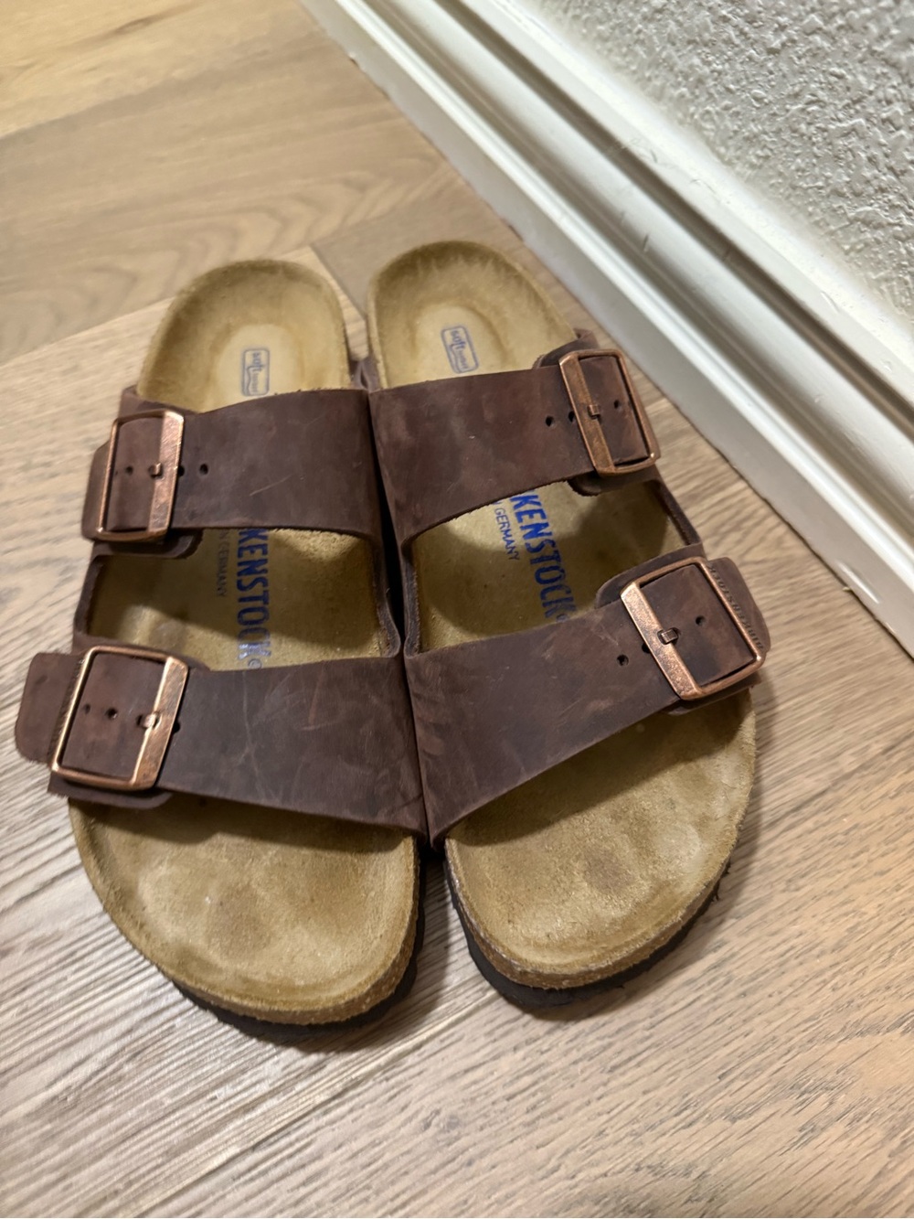 Birkenstock Arizona Two-Strap Sandal in Brown with Copper Buckles